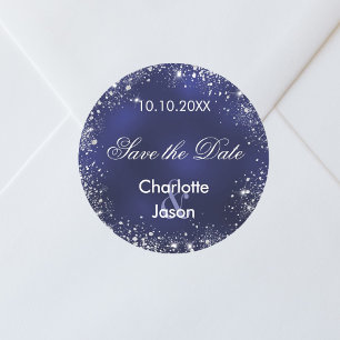Navy blauw zilver bruiloft Save the Date Ronde Sticker