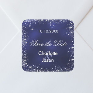 Navy blauw zilver bruiloft Save the Date Vierkante Sticker