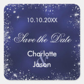 Navy blauw zilver bruiloft Save the Date Vierkante Sticker (Voorkant)