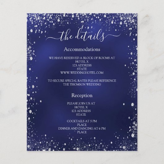 Navy blauw zilver budget bruiloft programma detail flyer (Voorkant)