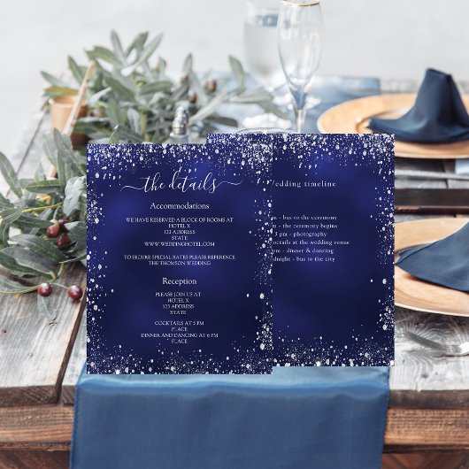 Navy blauw zilver budget bruiloft programma detail flyer