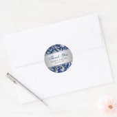 Navy Blauw Zilver Damask Swirls Bruiloft Dank u Ronde Sticker (Envelop)