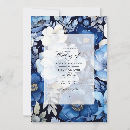 Navy Blauw, Zilver en Wit Bloemen Herfst bruiloft Kaart (Voorkant)