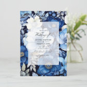 Navy Blauw, Zilver en Wit Bloemen Herfst bruiloft Kaart (Staand voorkant)