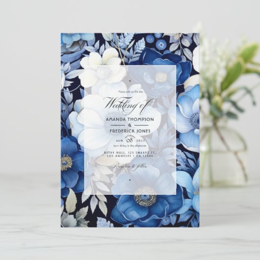 Navy Blauw, Zilver en Wit Bloemen Herfst bruiloft Kaart (Staand voorkant)