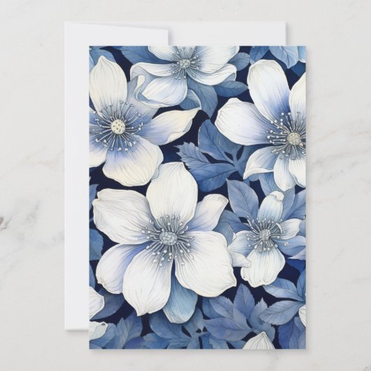 Navy Blauw, Zilver en Wit Bloemen Herfst bruiloft Kaart (Achterkant)