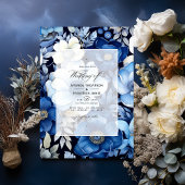 Navy Blauw, Zilver en Wit Bloemen Herfst bruiloft Kaart