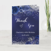 Navy blauw zilver foto bloemen verjaardag dank u kaart (Voorkant)