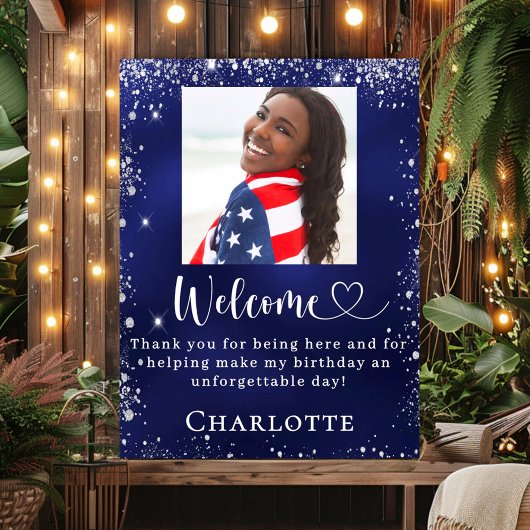 Navy blauw zilver foto verjaardagsfeestje welkom poster