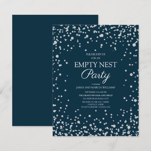 Navy Blauw Zilver Glitter Empty Nest Feest Kaart (Voorkant / Achterkant)