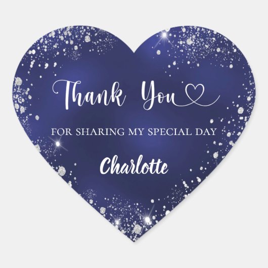 Navy blauw zilver glitter hart dank u verjaardag hart sticker (Voorkant)