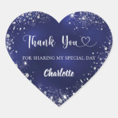 Navy blauw zilver glitter hart dank u verjaardag sticker (Voorkant)