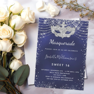 Navy blauw zilver glitter Masquerade Sweet 16 Kaart