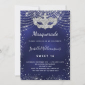 Navy blauw zilver glitter Masquerade Sweet 16 Kaart (Voorkant)