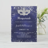 Navy blauw zilver glitter Masquerade Sweet 16 Kaart (Staand voorkant)