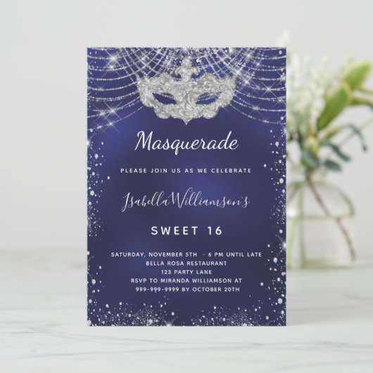 Navy blauw zilver glitter Masquerade Sweet 16 Kaart (Staand voorkant)