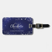 Navy blauw zilver glitter monogram naam bagagelabel (Voorkant horizontaal)