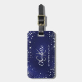 Navy blauw zilver glitter monogram naam bagagelabel (Voorkant verticaal)