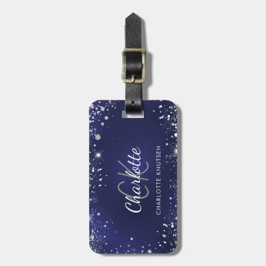 Navy blauw zilver glitter monogram naam bagagelabel (Voorkant verticaal)