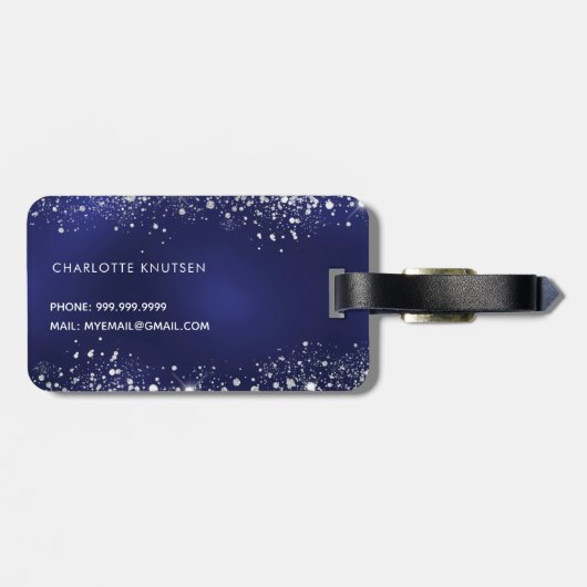 Navy blauw zilver glitter monogram naam bagagelabel (Achterkant horizontaal)