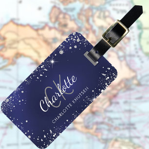 Navy blauw zilver glitter monogram naam bagagelabel