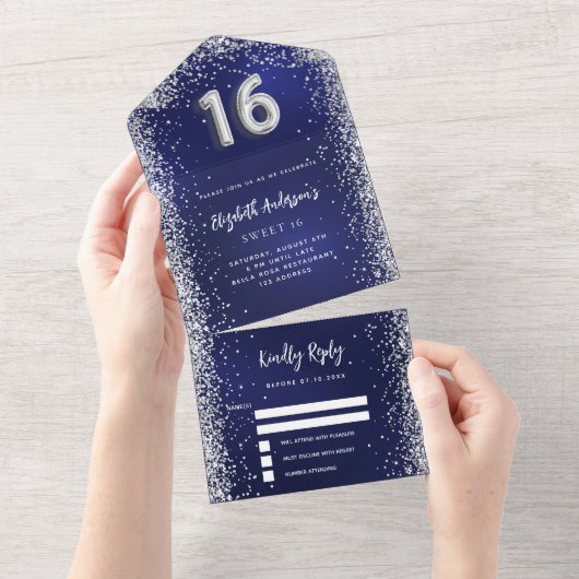 Navy blauw zilver glitter Sweet 16 rsvp All In One Uitnodiging (Afscheurbaar)