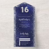Navy blauw zilver glitter Sweet 16 rsvp All In One Uitnodiging (Binnen)