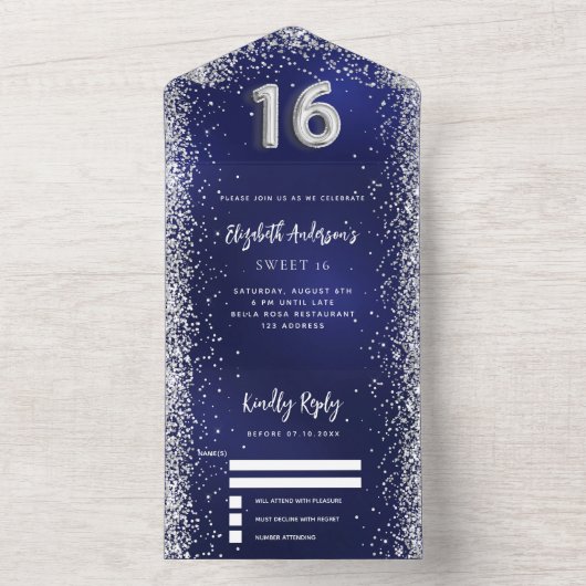 Navy blauw zilver glitter Sweet 16 rsvp All In One Uitnodiging (Binnen)