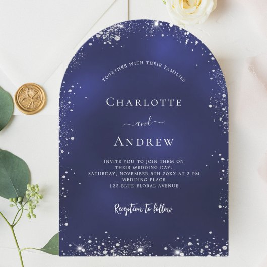 Navy blauw zilver glitter trouwboog kaart