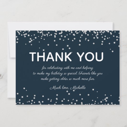 Navy Blauw Zilver Glitter Verjaardag Bedankt (Voorkant)