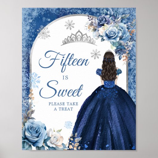 Navy blauw zilver magische winter vijftien is zoet poster (Voorkant)
