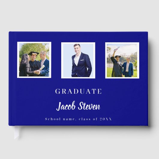 Navy blauw zilver naam script foto Afstuderen Gastenboek (Voorkant)