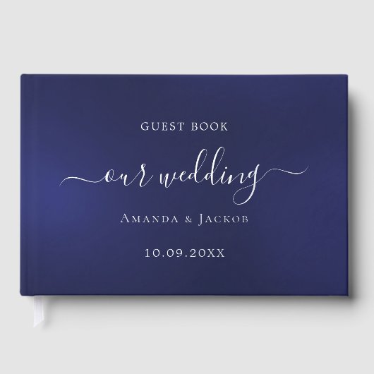 Navy blauw zilver script bruiloft gastenboek (Voorkant)