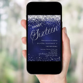 Navy blauw zilver script elegant Sweet 16 Kaart