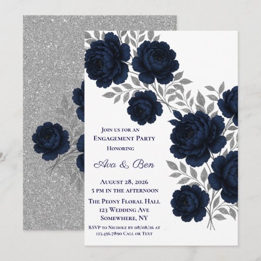 Navy Blauw & Zilver verlaat verlovingsfeest Kaart (Voorkant / Achterkant)