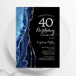 Navy Blauw Zilveren Agaat 40e Verjaardag Kaart<br><div class="desc">Navy blauw,  zwart en zilver agaat 40e verjaardag uitnodiging. Elegant modern design met koningsblauwe waterverf agaat marmeren geode achtergrond,  faux glitter silver en typografie script lettertype. Trendy uitnodigingskaart perfect voor een stijlvol vrouwenfeest. Gedrukte Zazzle-uitnodigingen of direct downloadbare digitale afdrukbare sjabloon.</div>