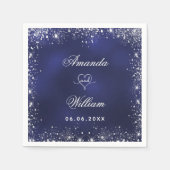 Navy blauw zilveren glitter namen hart bruiloft servet (Voorkant)