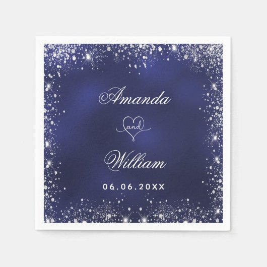 Navy blauw zilveren glitter namen hart bruiloft servet (Voorkant)