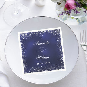 Navy blauw zilveren glitter namen hart bruiloft servet