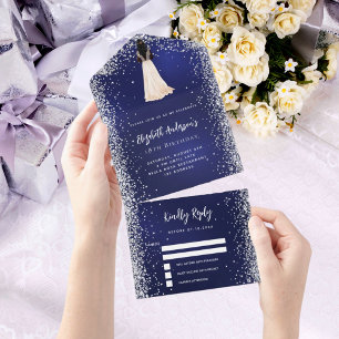 Navy blauw zilveren jurk glitter verjaardag rsvp all in one uitnodiging