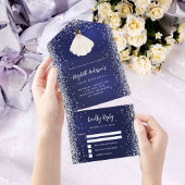 Navy blauw zilveren jurk glitter verjaardag rsvp all in one uitnodiging