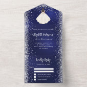 Navy blauw zilveren jurk glitter verjaardag rsvp all in one uitnodiging (Binnen)