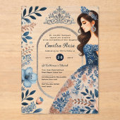 NAVY BLAUW Zilveren Jurk Quinceañera Floral Quince Acryl Uitnodigingen (Voorkant)
