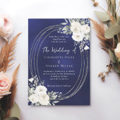 Navy blauw zilveren witte bloemen rozen bruiloft kaart