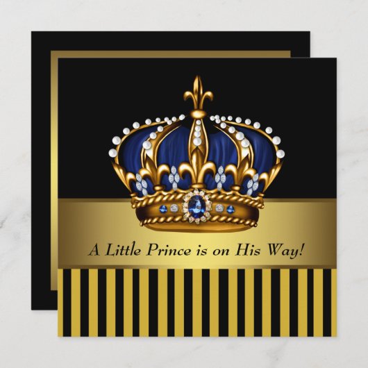 Navy Blauw Zwart en Goud Prins Baby Shower Kaart (Voorkant / Achterkant)