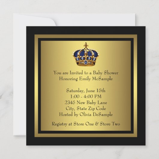 Navy Blauw Zwart en Goud Prins Baby Shower Kaart (Achterkant)