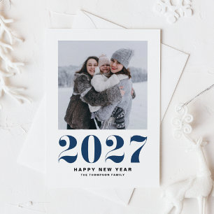 Navy Blauwe 2027 Retro Typografie Nieuwjaarsfoto Feestdagenkaart