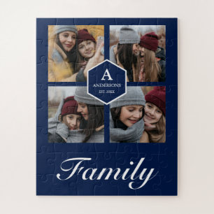 Navy Blauwe 4 Foto's Familie Fotocollage Naam Legpuzzel