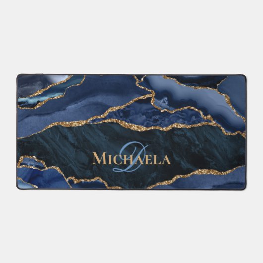 Navy Blauwe Agaat Geode Gouden Glitter Monogram Bureaumat (Voorkant)