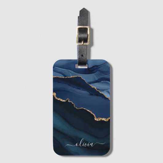 Navy Blauwe Agaat Geode Gouden Monogram Bagagelabel (Voorkant (verticaal))